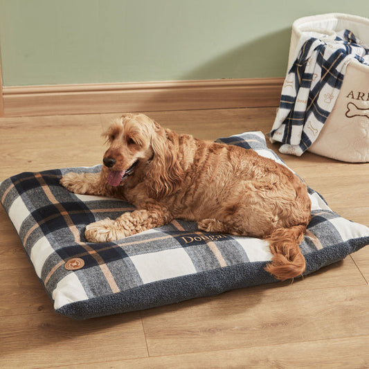 Personalised Deep Duvet Navy Check Medium Dog Bed