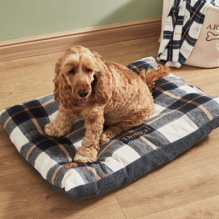 Personalised Deep Duvet Navy Check Medium Dog Bed