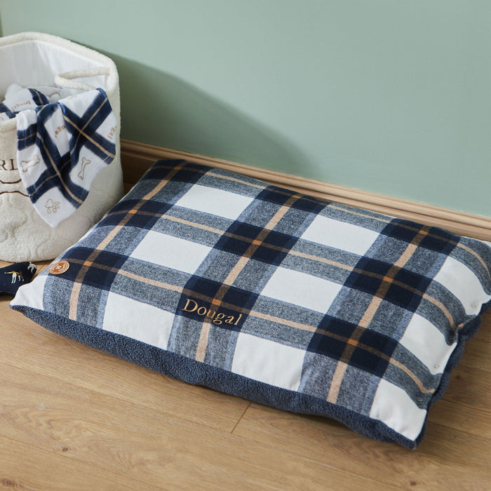 Personalised Deep Duvet Navy Check Medium Dog Bed