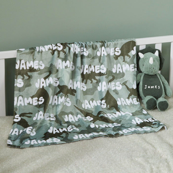 Personalised Dino Camo Print Name Fleece Blanket
