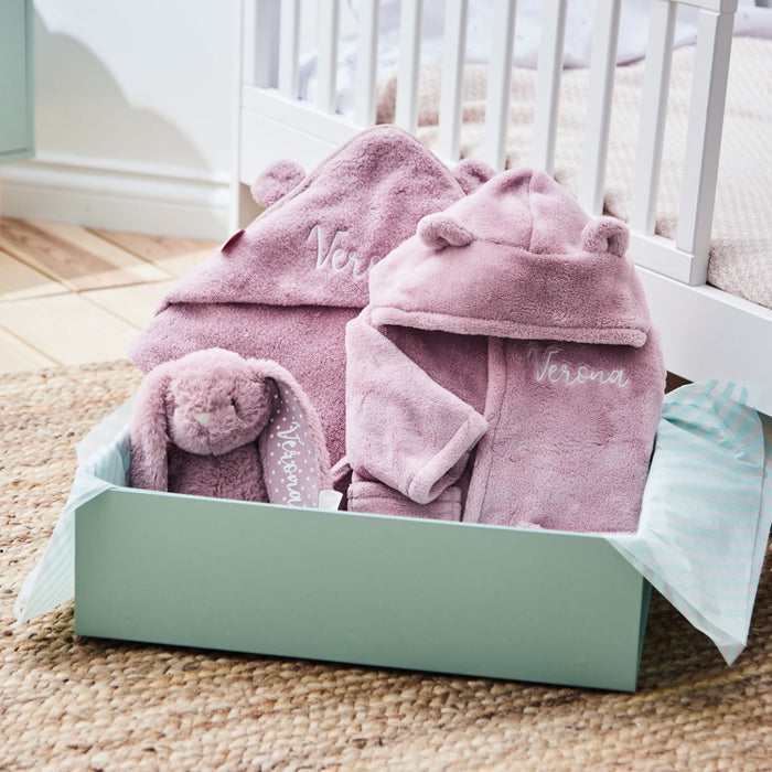 Personalised Dusky Mauve Splash, Snuggle & Cuddle Gift Set
