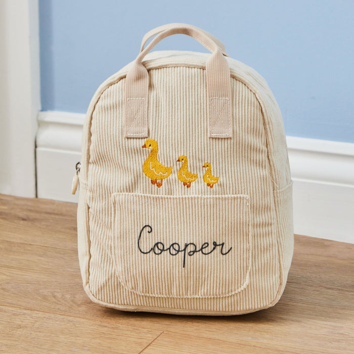 Personalised Ecru Cord Duck Family Mini Backpack