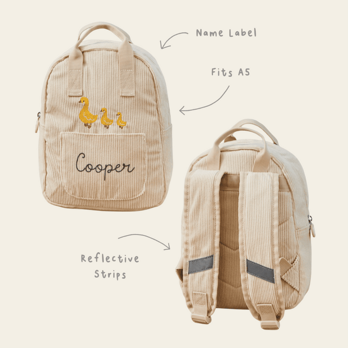 Personalised Ecru Cord Duck Family Mini Backpack