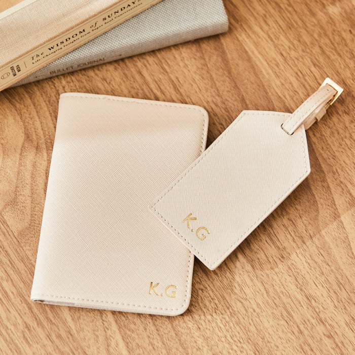 Personalised Embossed Passport Holder and Luggage Tag in Oyster by Made Yours