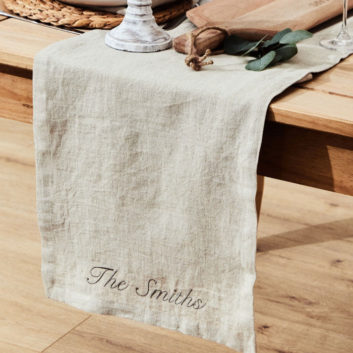 Personalised Family Linen Table Runner in Natural by Made Yours