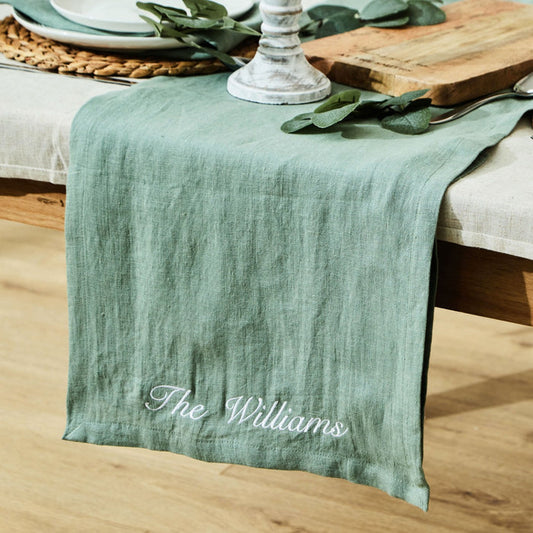 Personalised Family Linen Table Runner in Rosemary by Made Yours
