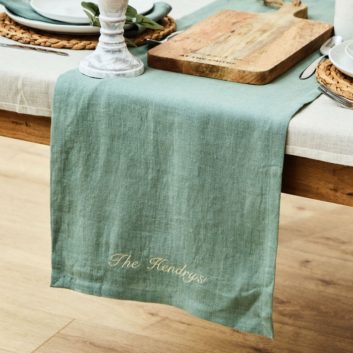 Personalised Family Linen Table Runner in Rosemary by Made Yours