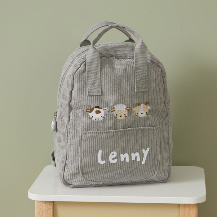 Personalised Farm Animals Embroidered Grey Cord Backpack