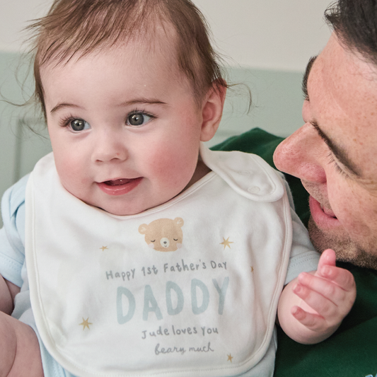 Personalised Father's Day Baby Bear Bib in White and Blue