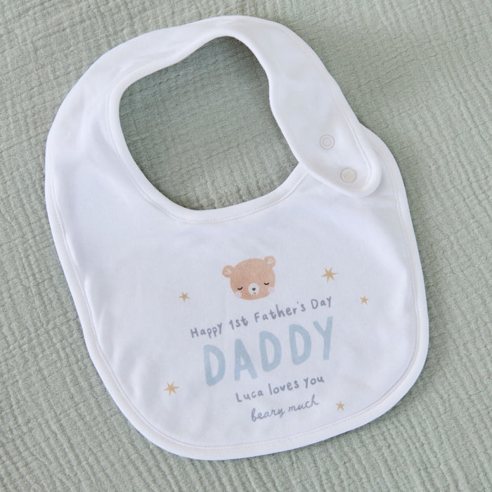 Personalised Father's Day Baby Bear Bib in White and Blue