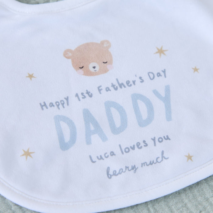 Personalised Father's Day Baby Bear Bib in White and Blue