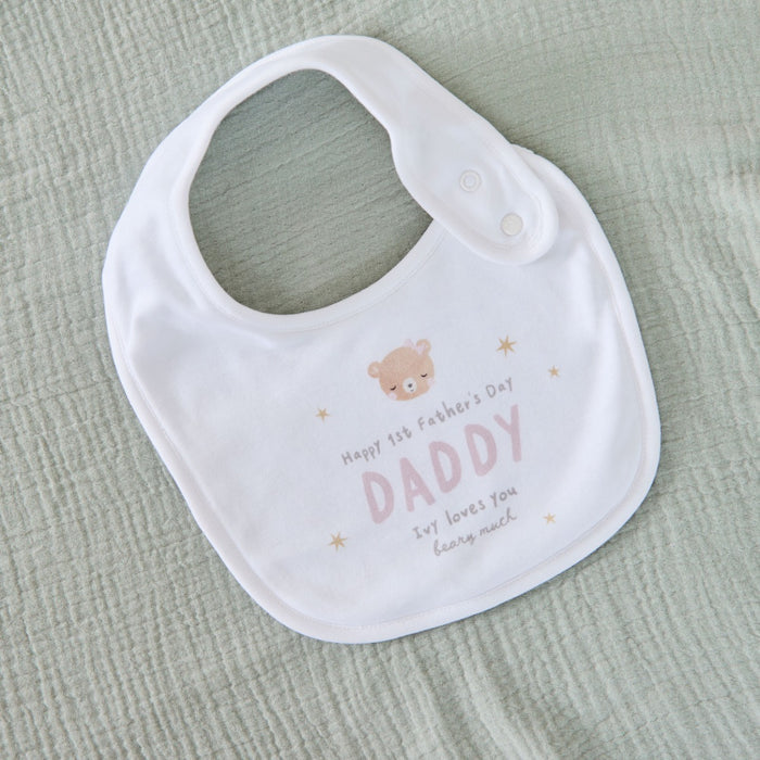 Personalised Father's Day Baby Bear Bib in White and Pink