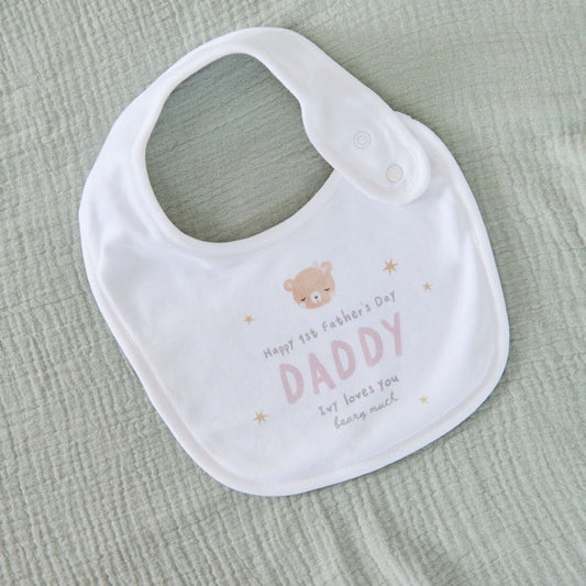 Personalised Father's Day Baby Bear Bib in White and Pink