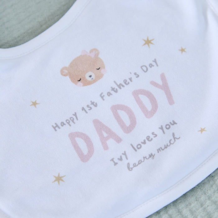 Personalised Father's Day Baby Bear Bib in White and Pink