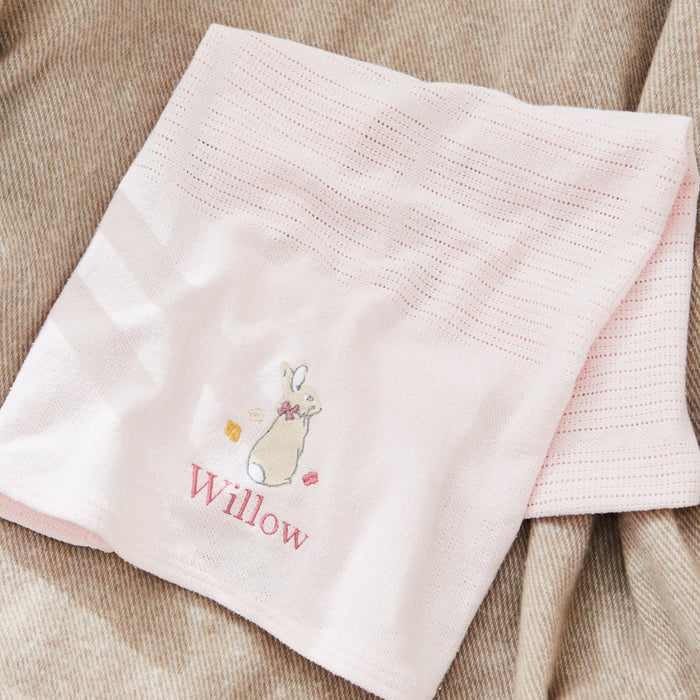 Personalised Flopsy™ Bunny Pink Embroidered Cellular Baby Blanket