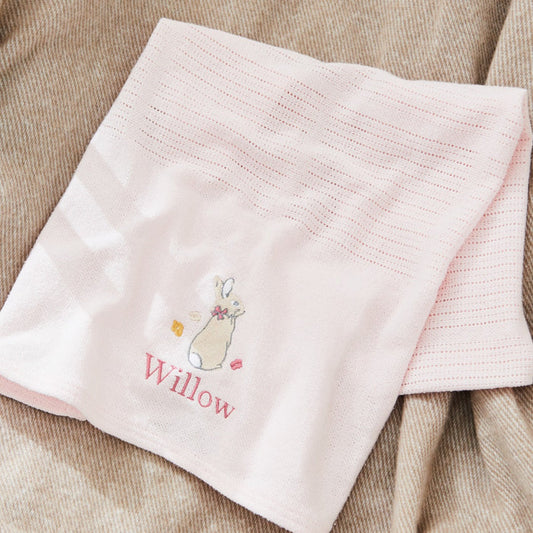 Personalised Flopsy™ Bunny Pink Embroidered Cellular Baby Blanket