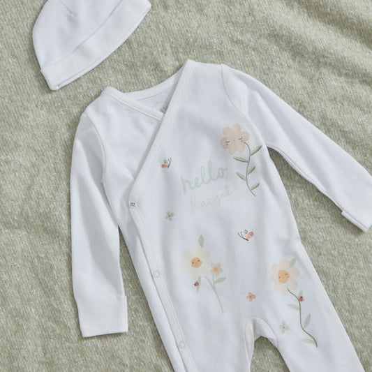 Personalised Floral All-Over Print Wrap Sleepsuit & Hat Gift Set