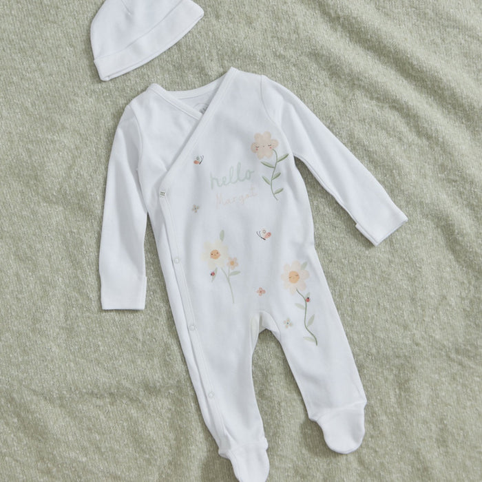 Personalised Floral All-Over Print Wrap Sleepsuit & Hat Gift Set