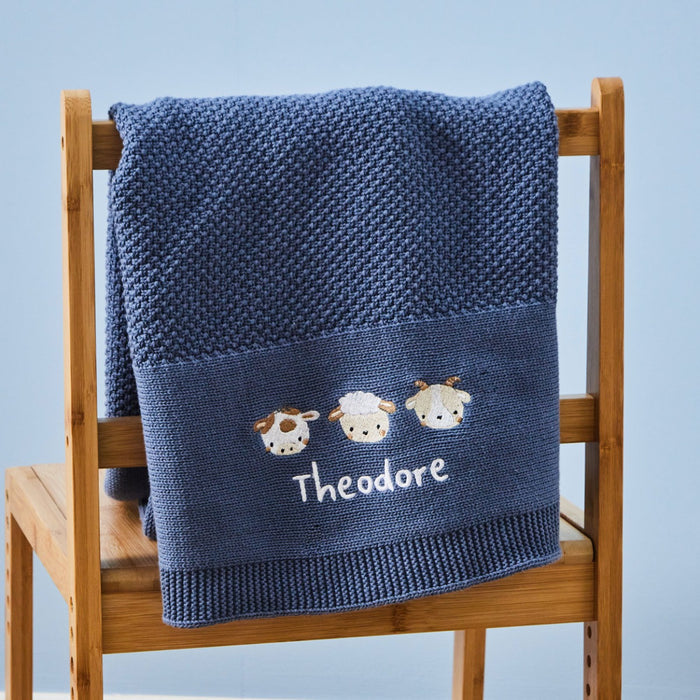 Personalised Fun On The Farm Mid Blue Knitted Shawl