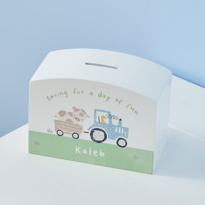 Personalised Fun On The Farm Wooden Money Box FSC®