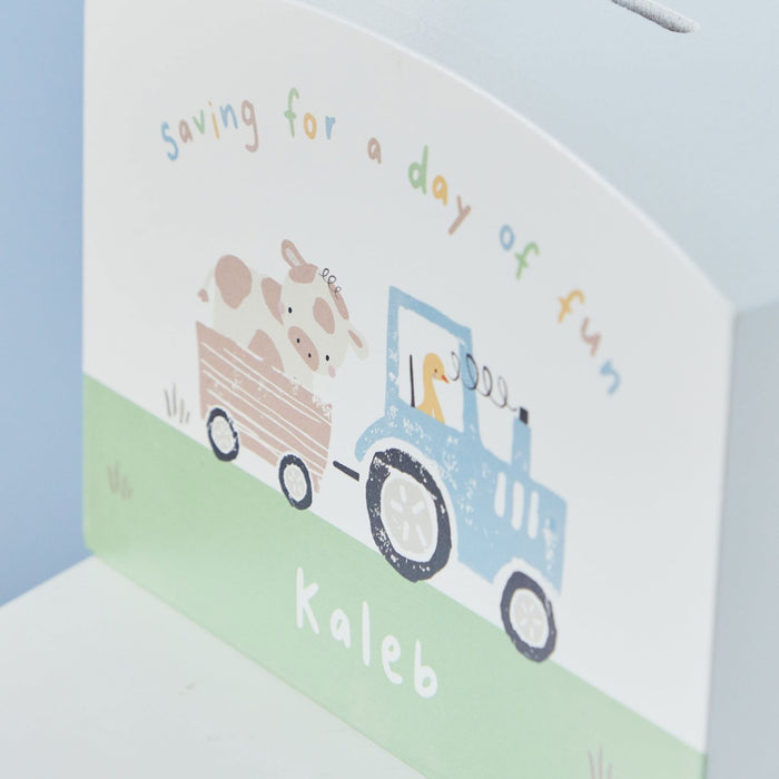 Personalised Fun On The Farm Wooden Money Box FSC®