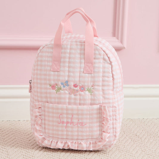 Personalised Garden Secrets Butterfly Pink Gingham Backpack
