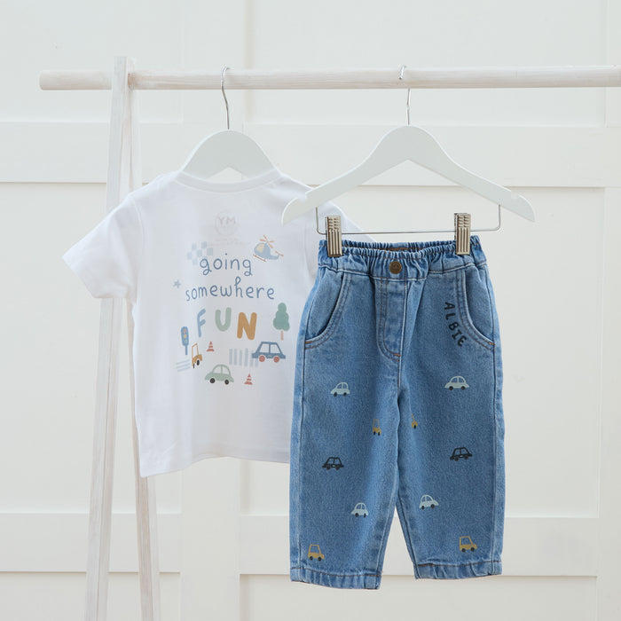 Personalised Going Somewhere White Tee and Jeans Gift Set