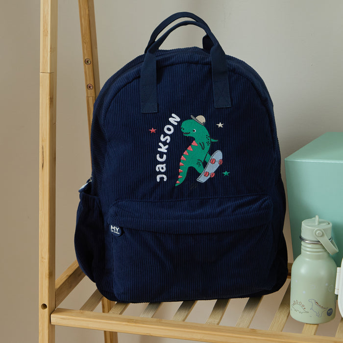 Personalised Green Dino Large Navy Cord Backpack