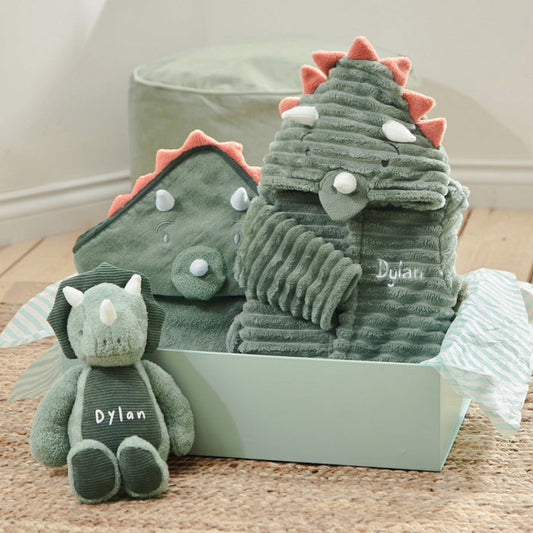 Personalised Green Dino Splash, Snuggle & Cuddle Gift Set