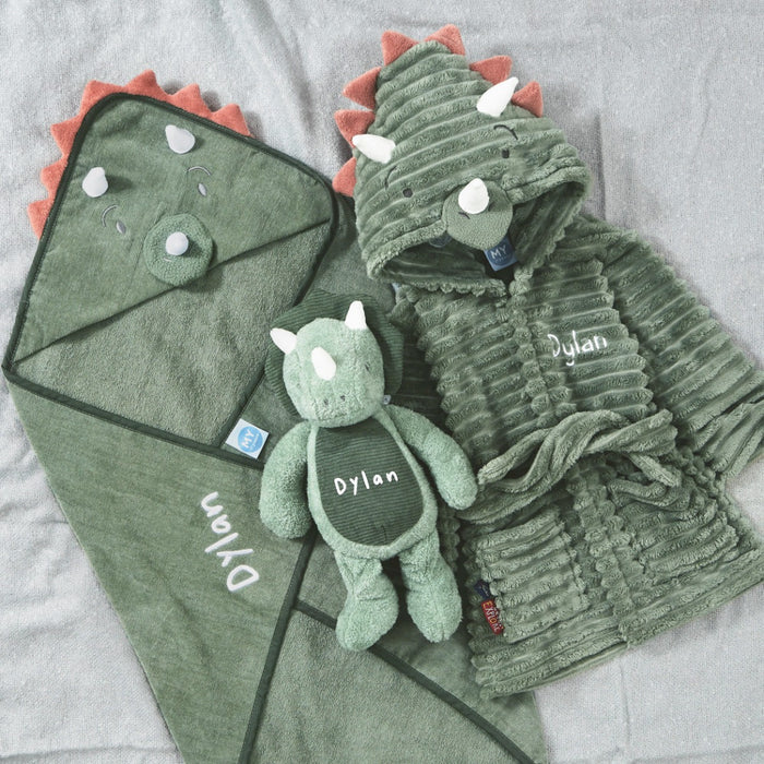 Personalised Green Dino Splash, Snuggle & Cuddle Gift Set