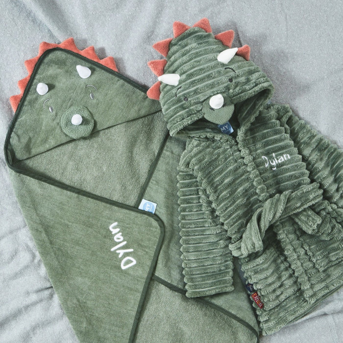 Personalised Green Dino Splash & Snuggle Gift Set