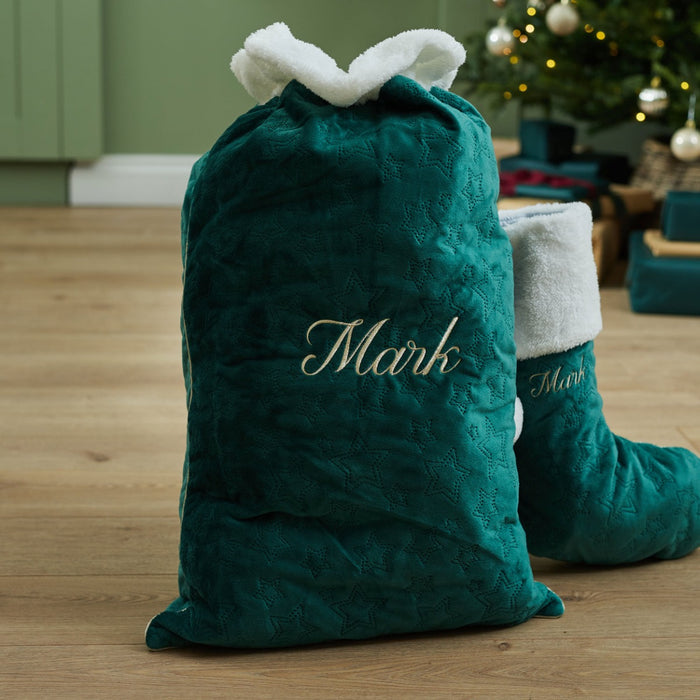 Personalised Green Embroidered Velvet Sack