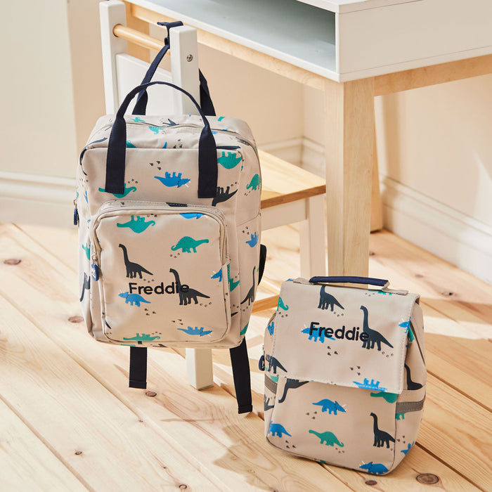 Personalised Grey Dinosaur Backpack & Lunch Bag Set
