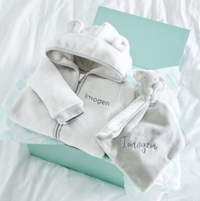 Personalised Grey Fleece Onesie & Comforter Gift Set