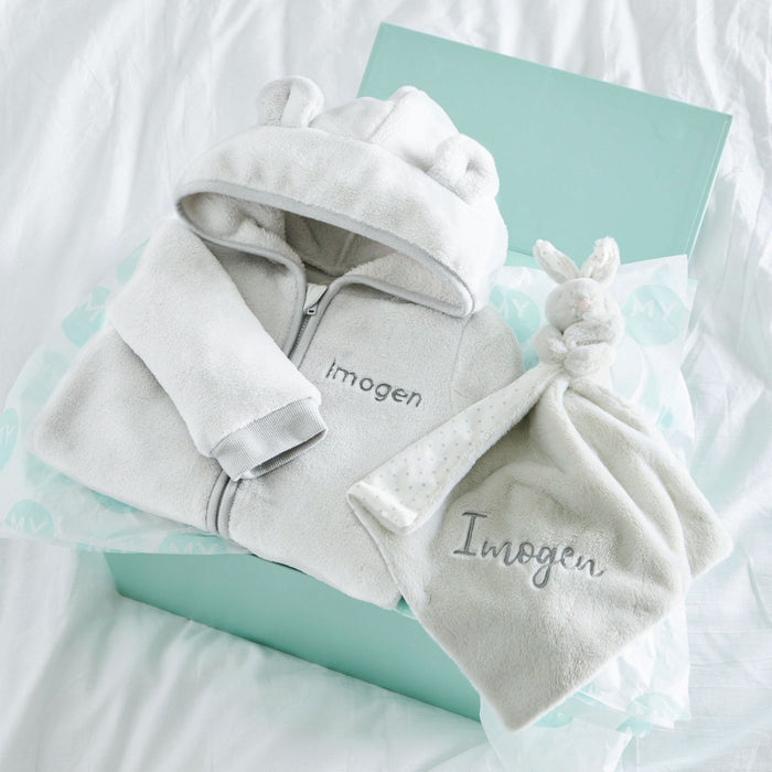 Personalised Grey Fleece Onesie & Comforter Gift Set