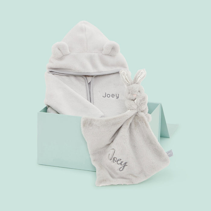 Personalised Grey Fleece Onesie & Comforter Gift Set