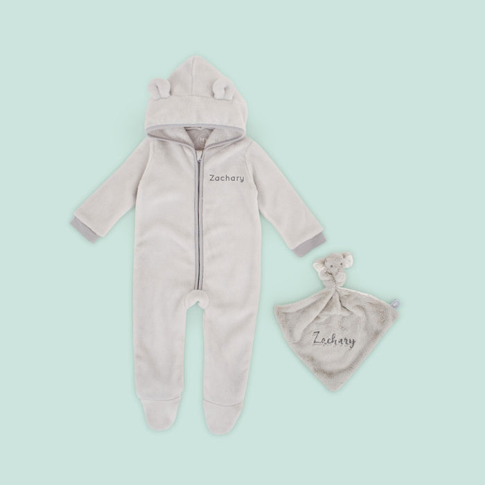 Personalised Grey Fleece Onesie & Comforter Gift Set