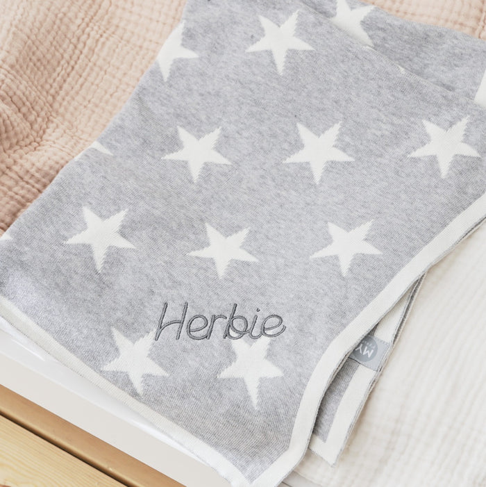 Personalised Grey Star Intarsia Baby Blanket