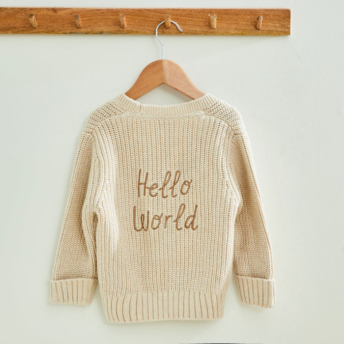 Personalised Hello World Oatmeal Knitted Cardigan