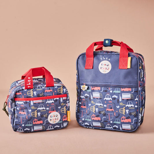 Personalised Just Bee Kids Transport Print Backpack & Lunch Bag Gift Set