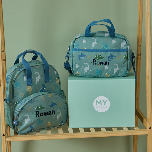 Personalised Khaki Dino Backpack & Lunchbag Set