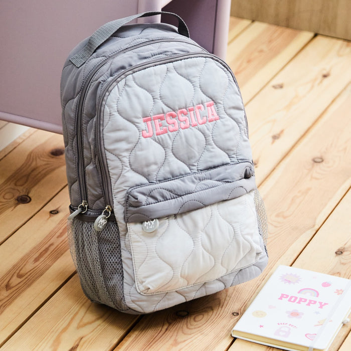Personalised Large Grey Quilted Pink Name Varsity Backpack
