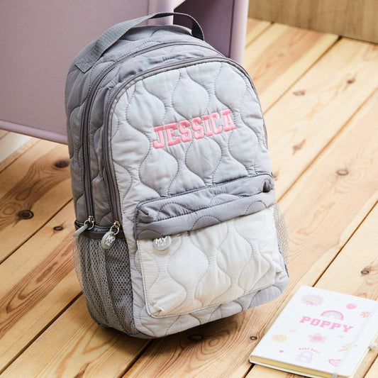 Personalised Large Grey Quilted Pink Name Varsity Backpack