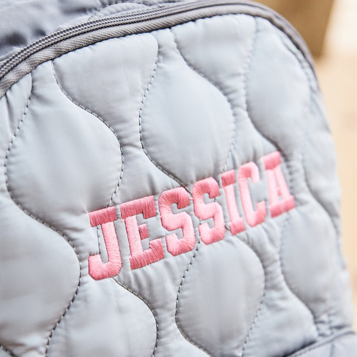 Personalised Large Grey Quilted Pink Name Varsity Backpack