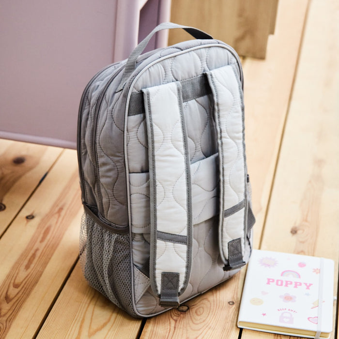 Personalised Large Grey Quilted Pink Name Varsity Backpack