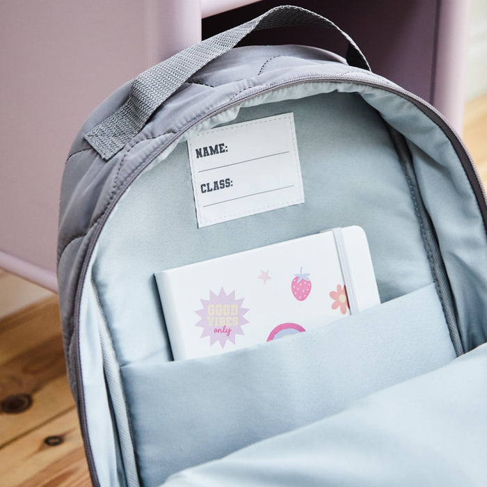 Personalised Large Grey Quilted Pink Name Varsity Backpack