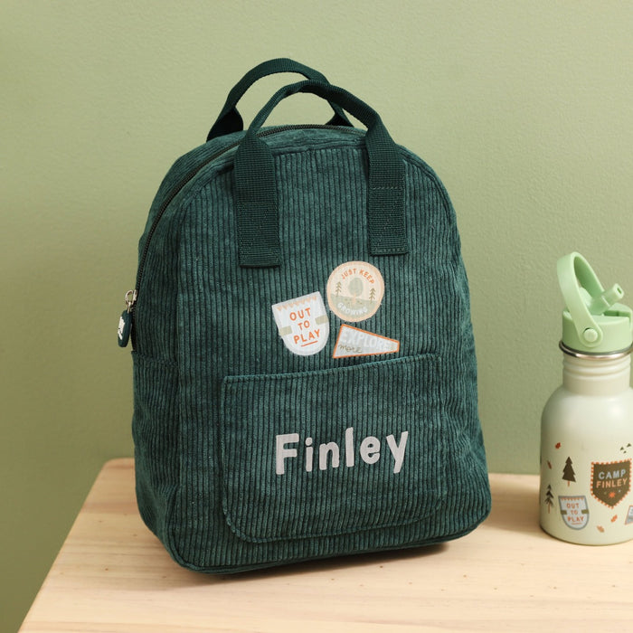 Personalised Let's Play Outside Badge Forest Green Cord Mini Backpack