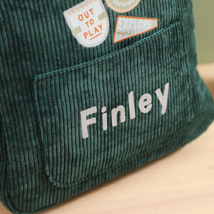 Personalised Let's Play Outside Badge Forest Green Cord Mini Backpack