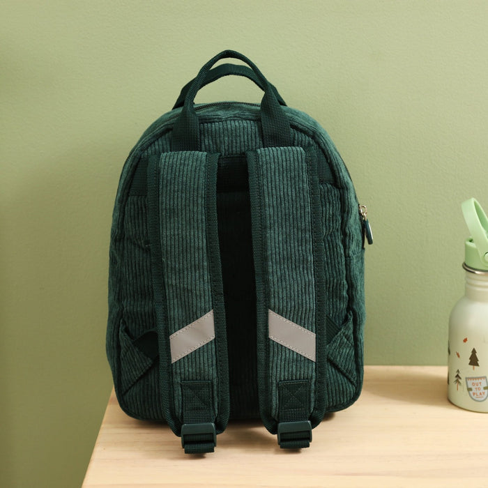 Personalised Let's Play Outside Badge Forest Green Cord Mini Backpack