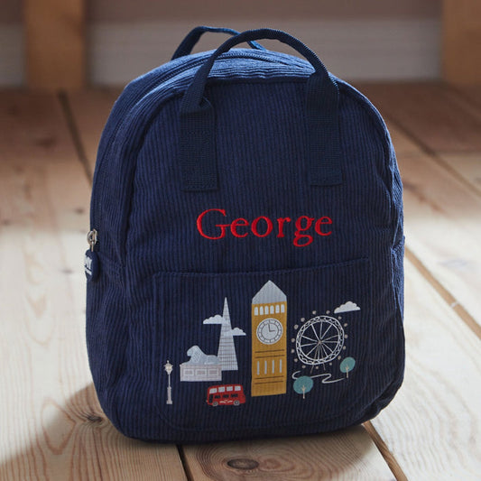 Personalised London Navy Cord Mini Backpack